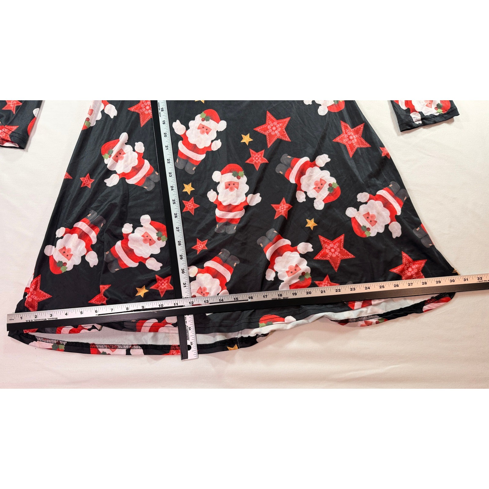 Christmas Santa Print Long Sleeve A-Line Dress Womens XL Black Red Holiday Star