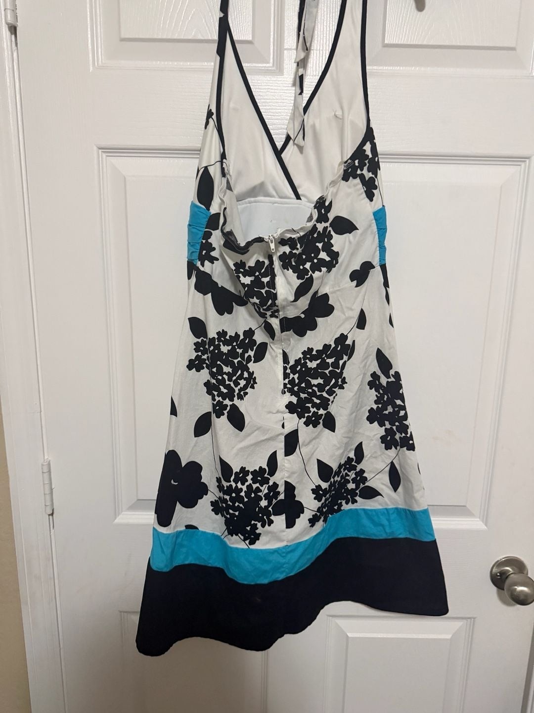 Trixxi Juniors Black and White Floral Print Halter Dress with Teal Sash