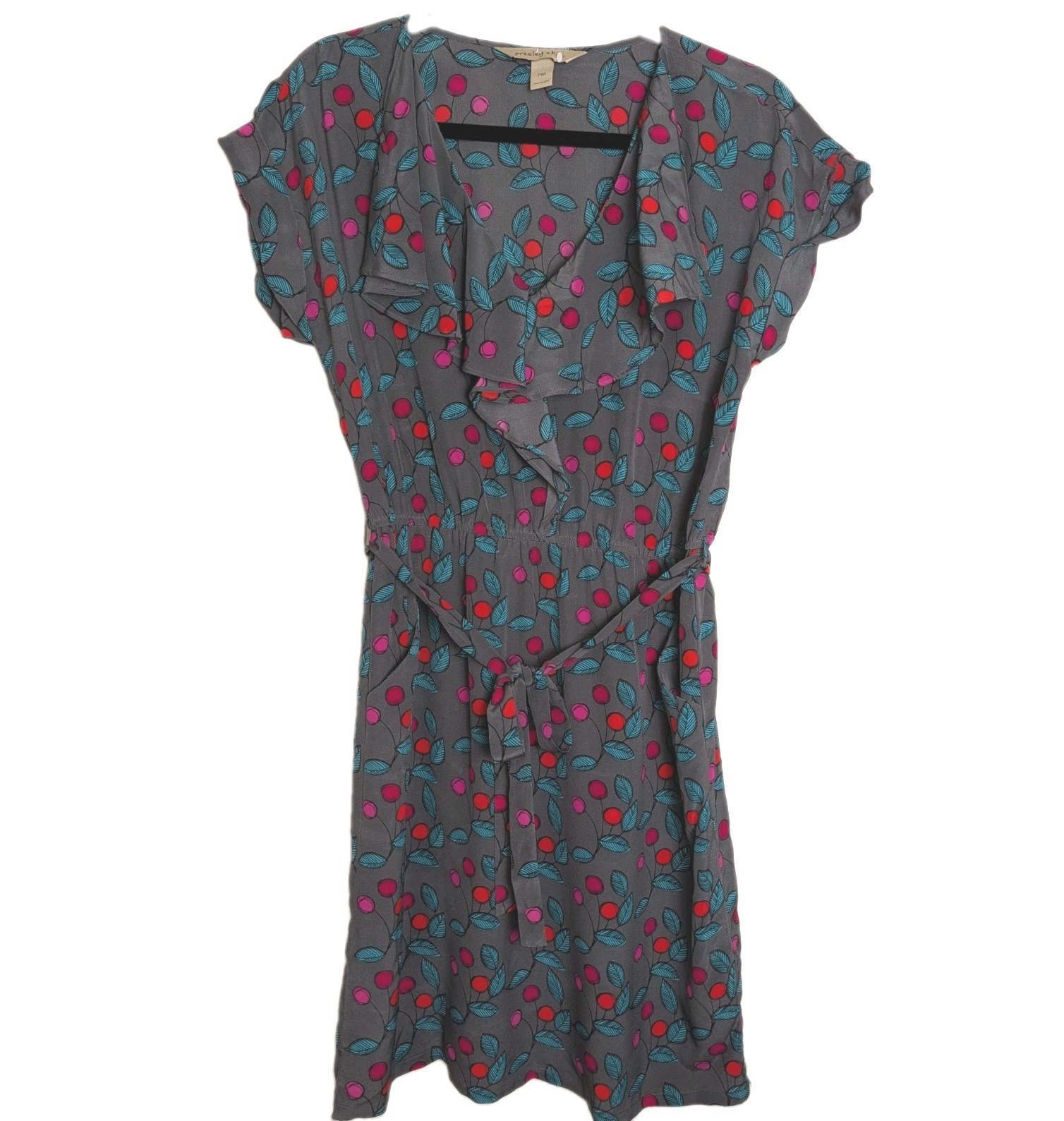 Presley Skye Dress Womens Medium Petite Maize Green Silk Ikat Print Belted Lined