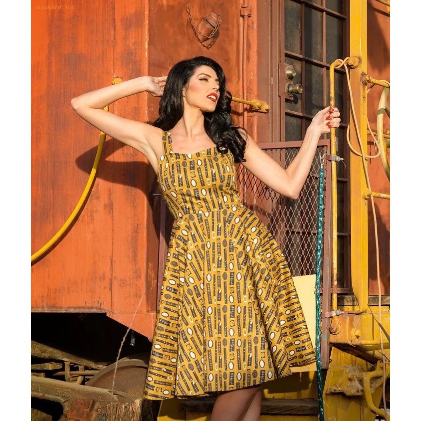Boulevard Nights Oasis Dress XL Mustard Yellow Geometric Tiki Mid-Century Retro