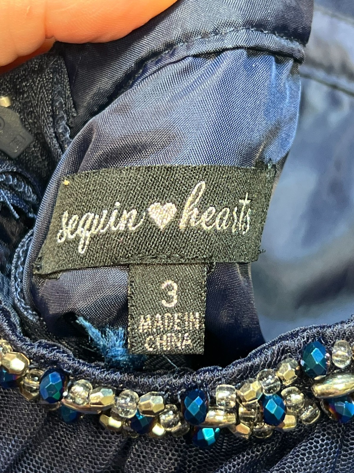 Sequin Hearts Juniors Open Back Padded Prom Formal Dress Sleeveless Sz 3 Navy