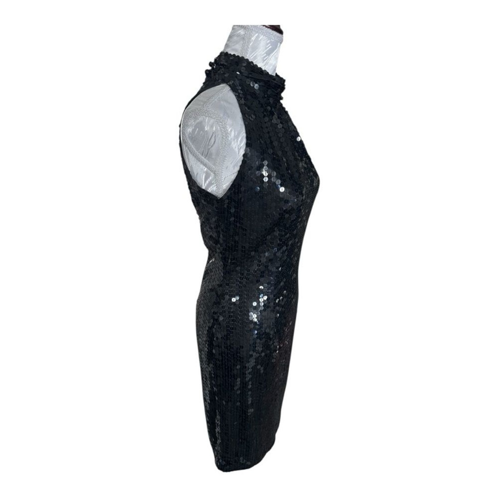 Vintage Nite Line Black Sequin High Neck Cutout Back Evening Dress Size 8
