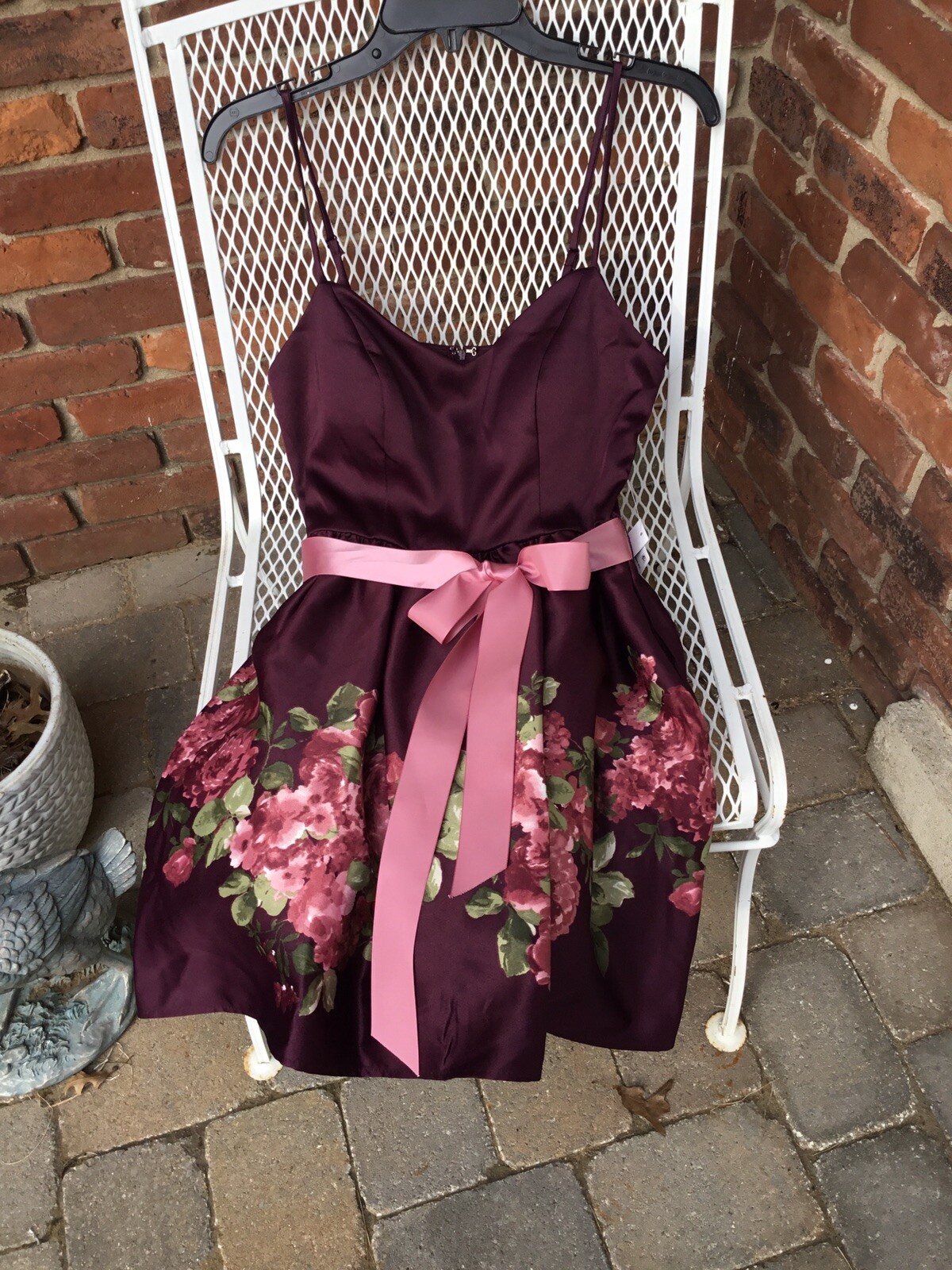 Teeze Me Wine Colored Cocktail Dress With Pink Floral Design & Kremlin Skirt 7