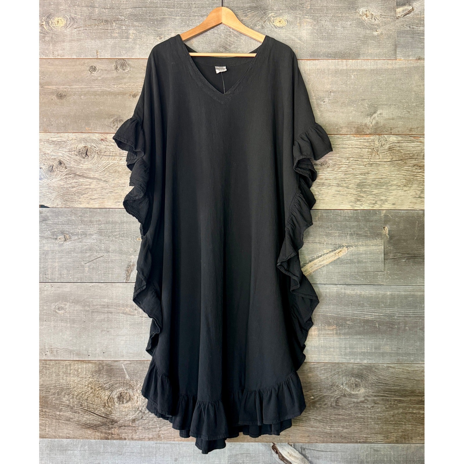 Cotton Gauze NWT Ruffle Kaftan Dress OS Black V-Neck Oversized Midi Resort Beach