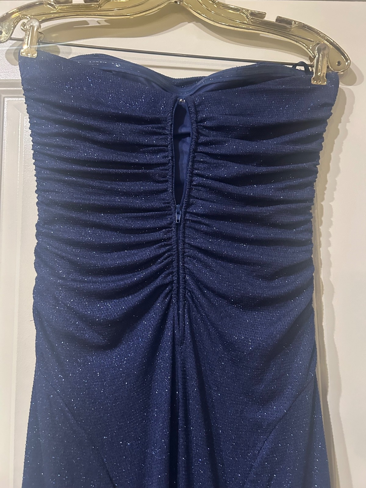 Windsor Strapless Navy Blue Glitter Prom Dress Size L Formal Gown Side Slit