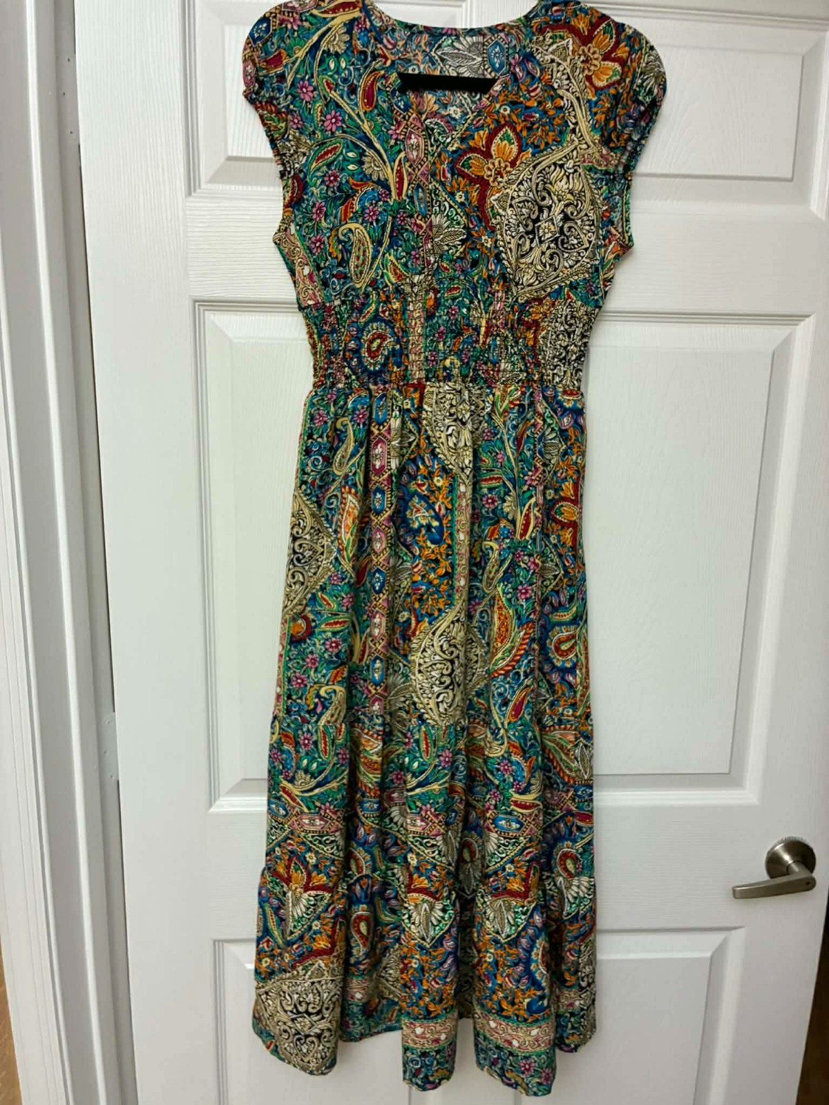 Boho Maxi Dress Womens S Paisley Patchwork Smocked Waist Cap Sleeve Casual
