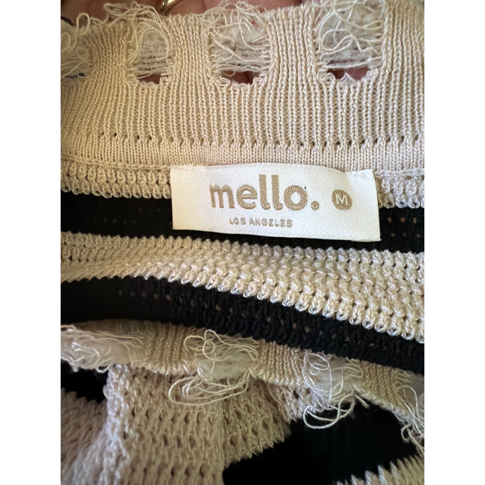 mello. Los Angeles Striped Knit Midi Dress Distressed Neck Cream Black Medium
