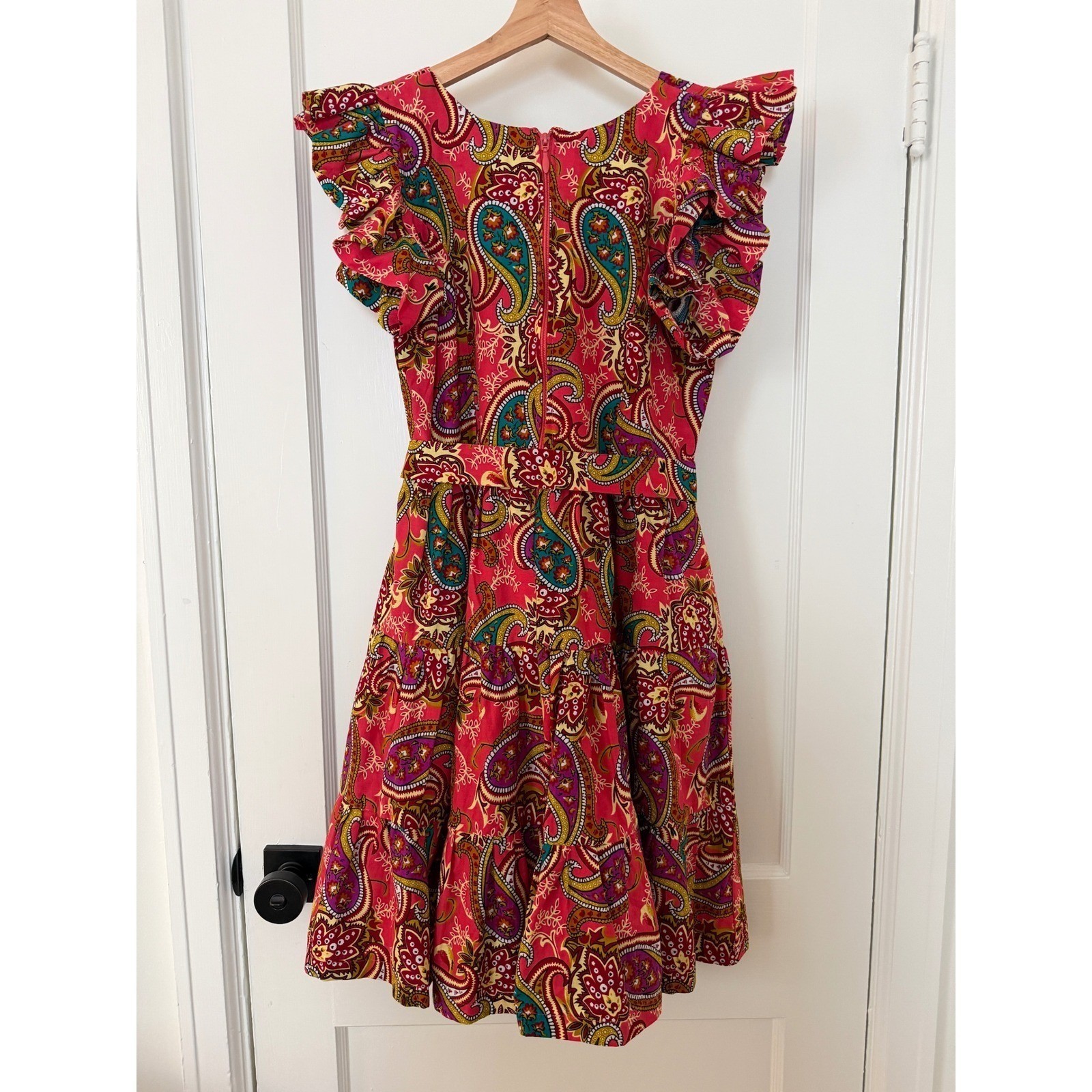 Pink Paisley Tiered Ruffle Sleeve Fit & Flare Cotton Dress Sz S: Boho, Party