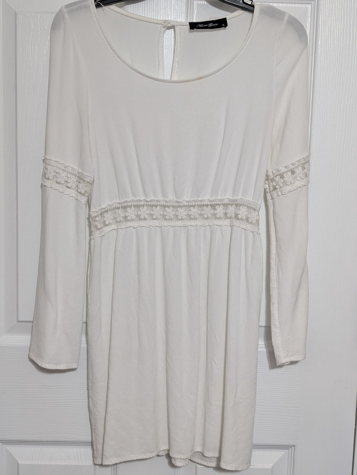 Boho Dress Cottage-core Anna Grace Peasant Bell Sleeve Lace Sz S Cream Ivory