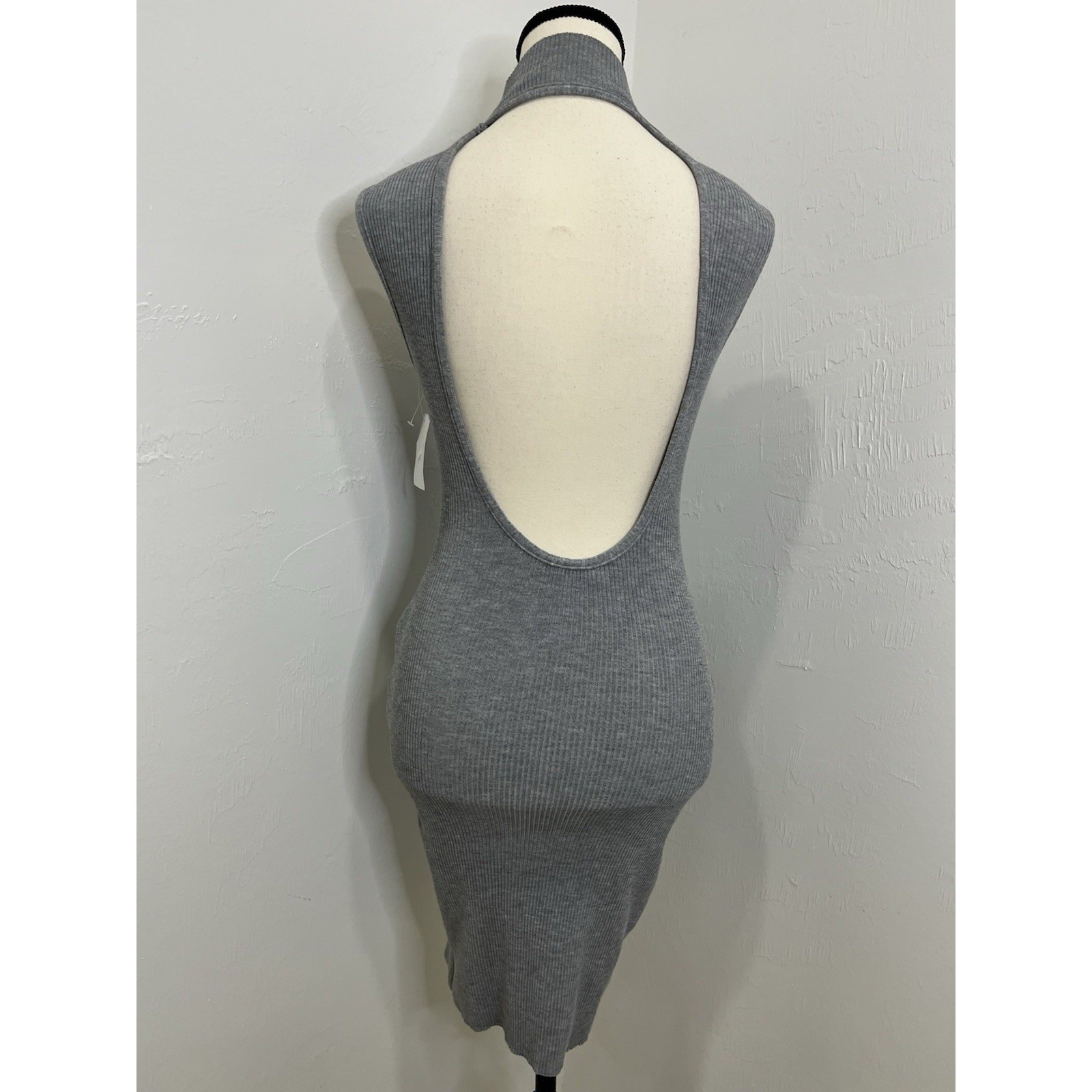 Pretty Knit Bodycon Dress Womens Large Gray New Open Back Ribbed Zip Front