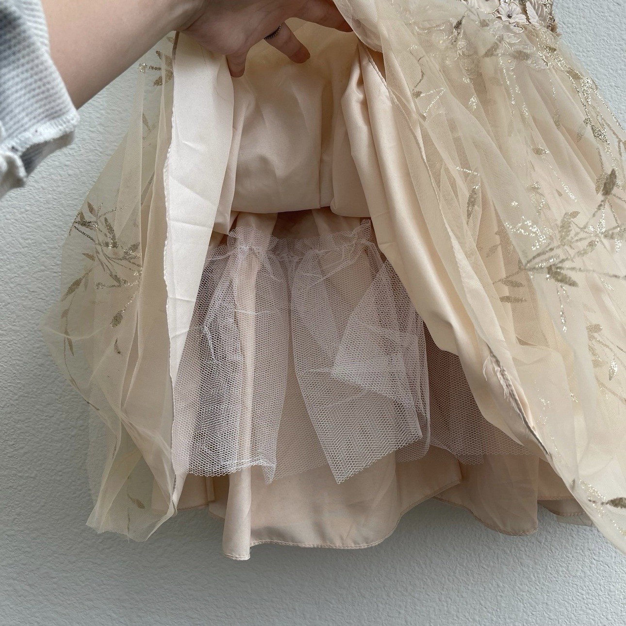 DANCING QUEEN Gold Beige Floral Glitter Tinker Bell Fairy Princess Tulle Dress
