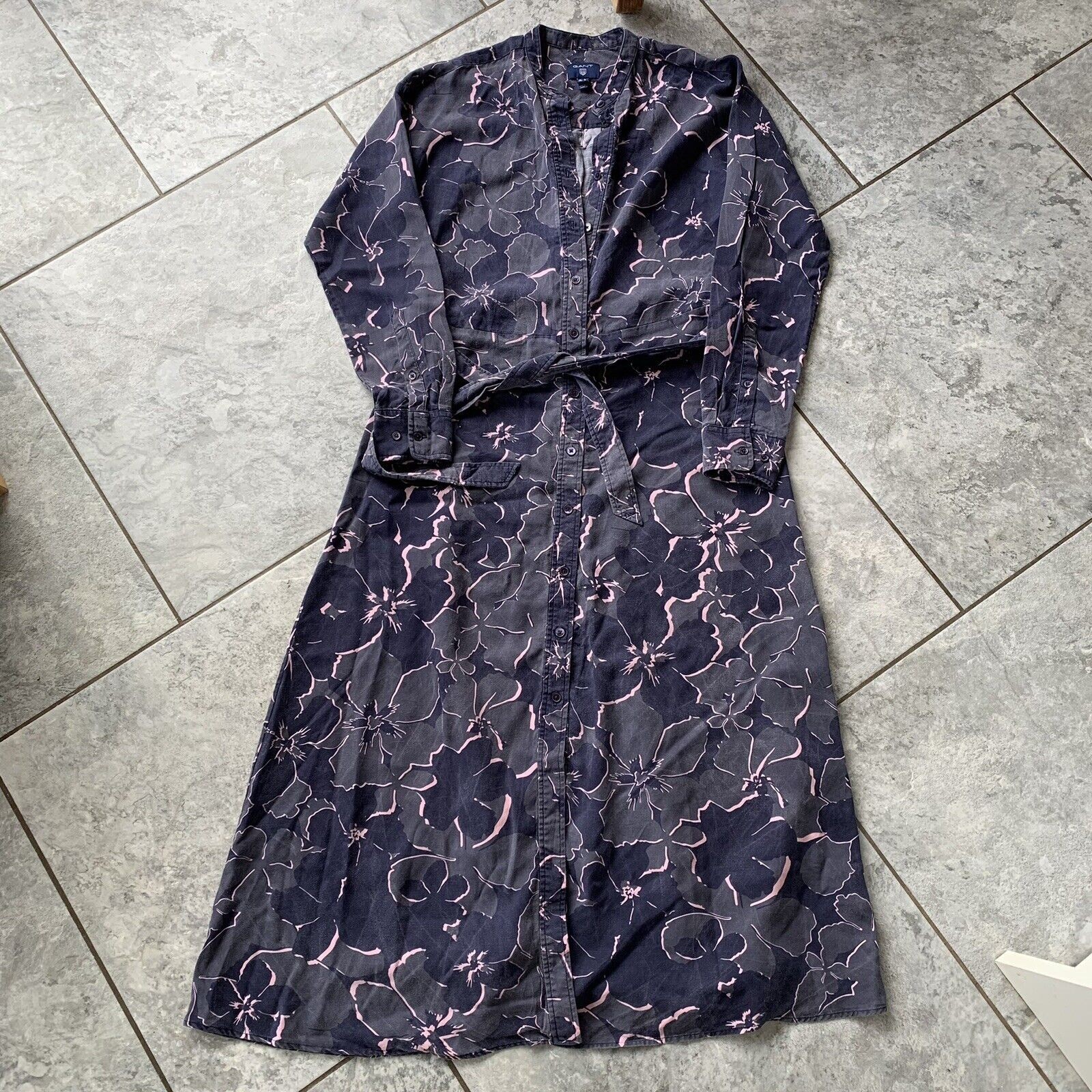 Gant Floral Button Up Tie Waist Navy Blush Midi Dress Size 10 Grandad Collar