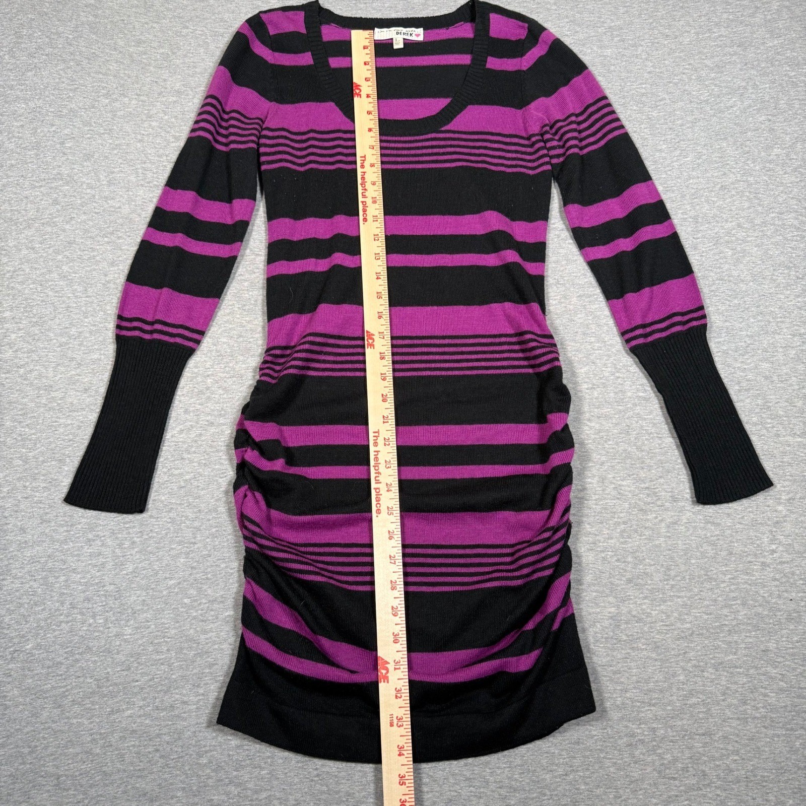 Derek Heart Im In Love Purple Black Striped Ruched Long Sleeve Sweater Dress L