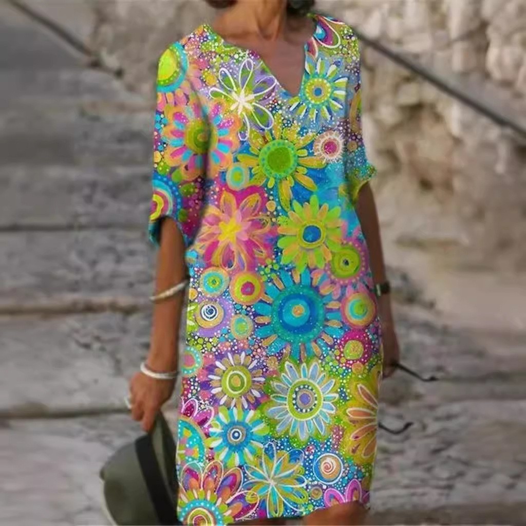 Women’s Plus Size Colorblock Patchwork V-Neck A-Line Midi Dress