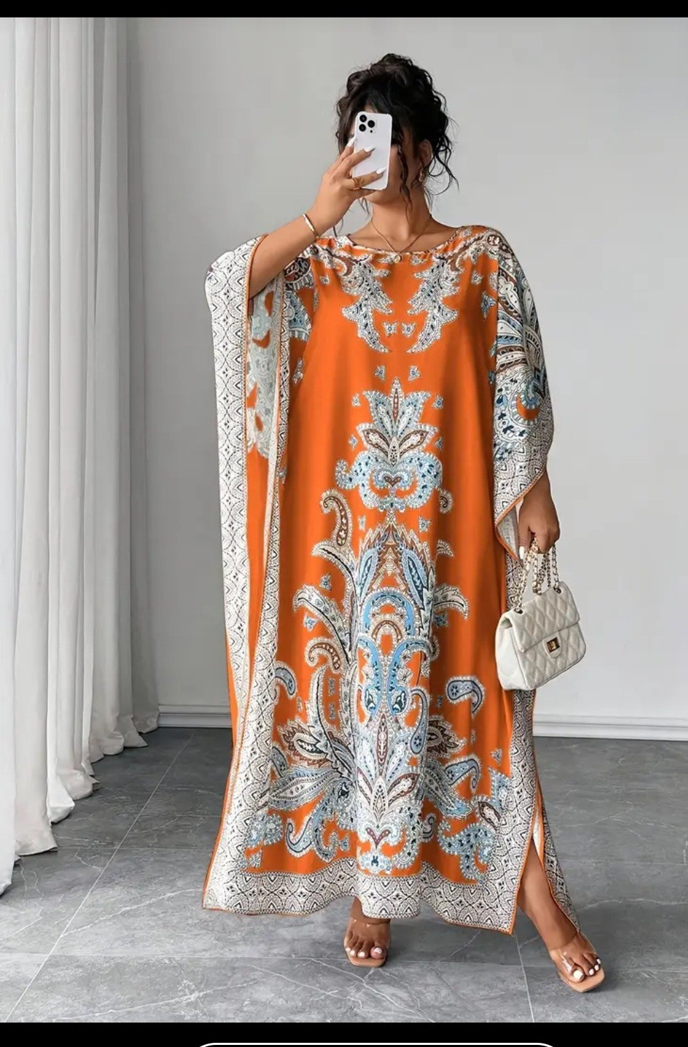 Orange White Blue Paisley Long Kaftan Dress Kimono Sleeve Round Neck 2XL