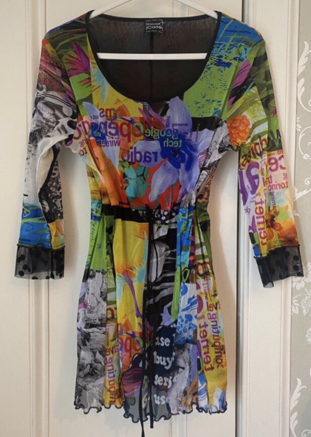 Pause Cafe Dress Tunic Size 14 38” Multicoloured Draw String Lined Graphic Print