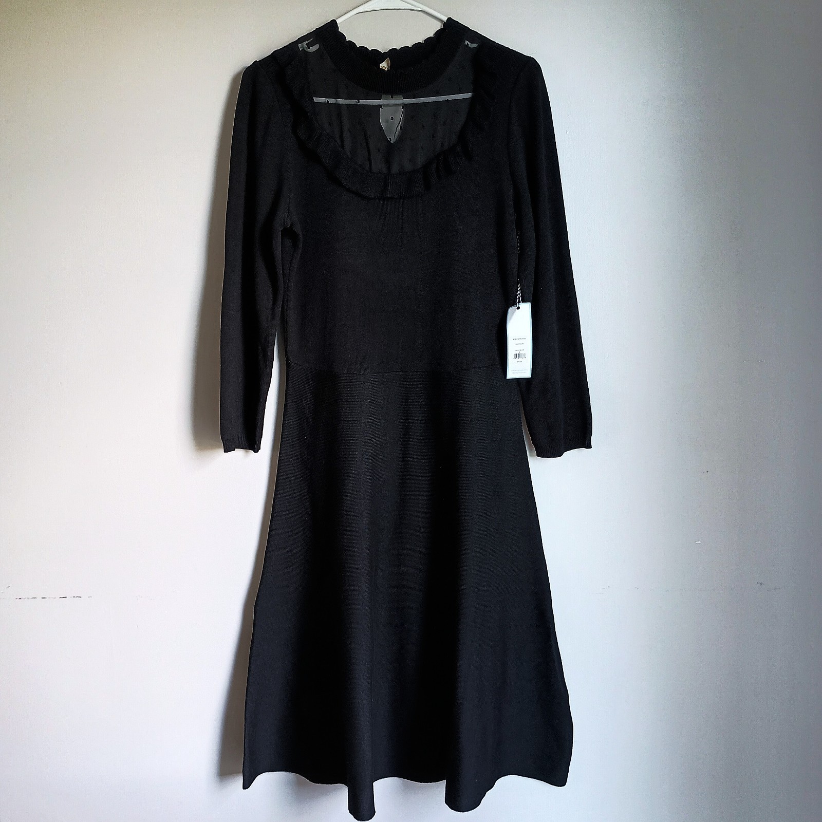 New Draper James Black Knit 3/4 Sleeve Sheer A-Line Sweater Dress Size Medium