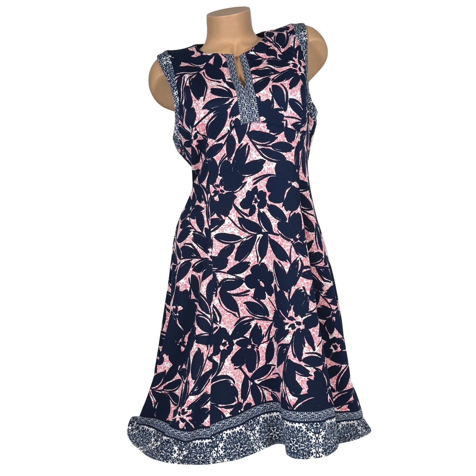 Liz Claiborne Women’s Navy Pink Floral Split Neck Fit & Flare Dress Size 12