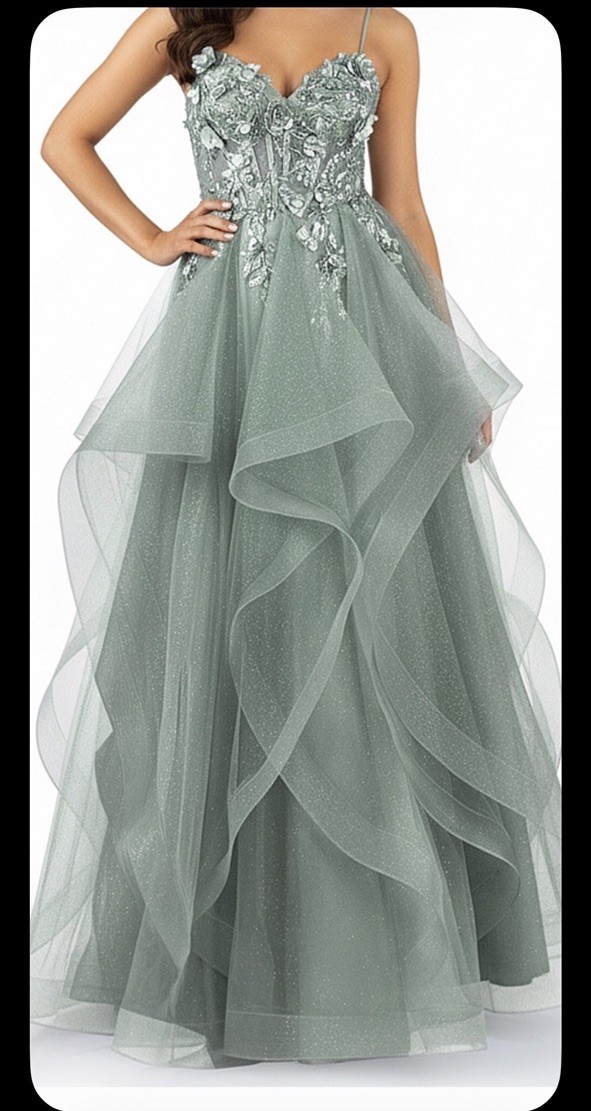 Green Tulle Formal Long Gown, Beaded Embroidered Corset V-Neck Lace Up S – Prom