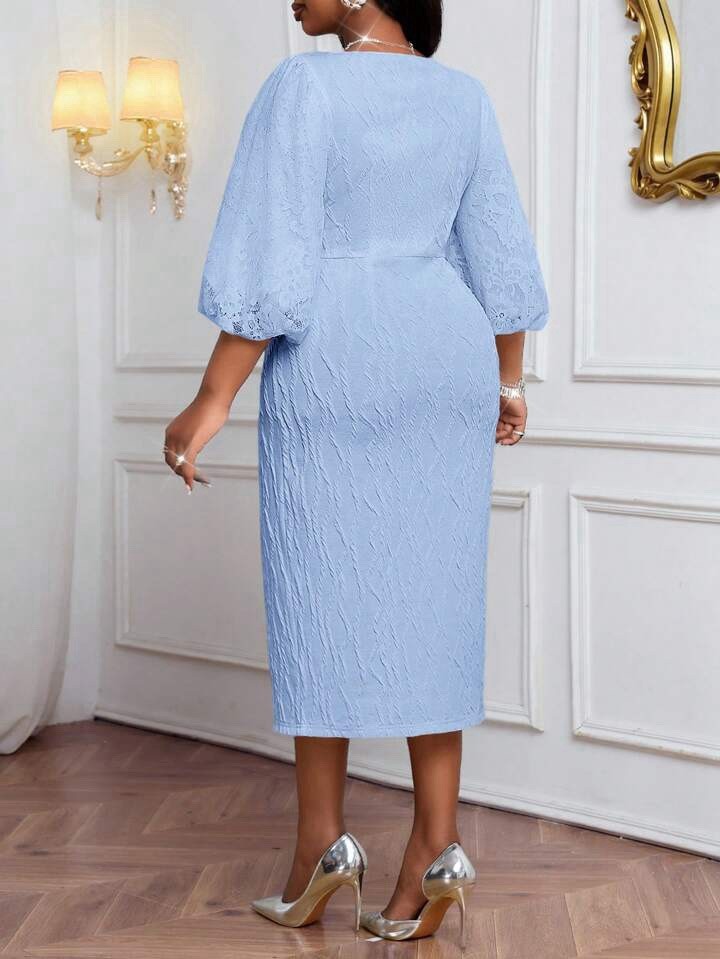 Elegant Solid Color Round Neck Lantern 3/4 Sleeves Autumn & Winter Knitted Dress