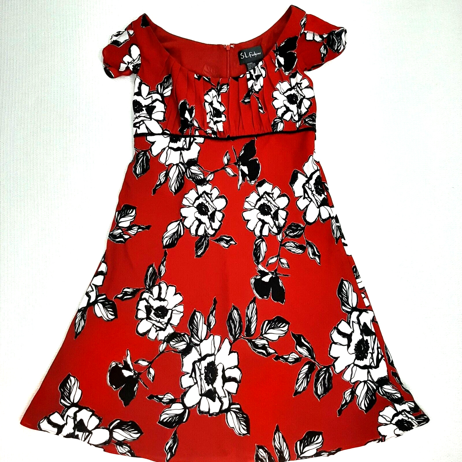 SL Fashions Womens Sz 14 Dress Underlined Red White Floral Black A-Line Zip Back
