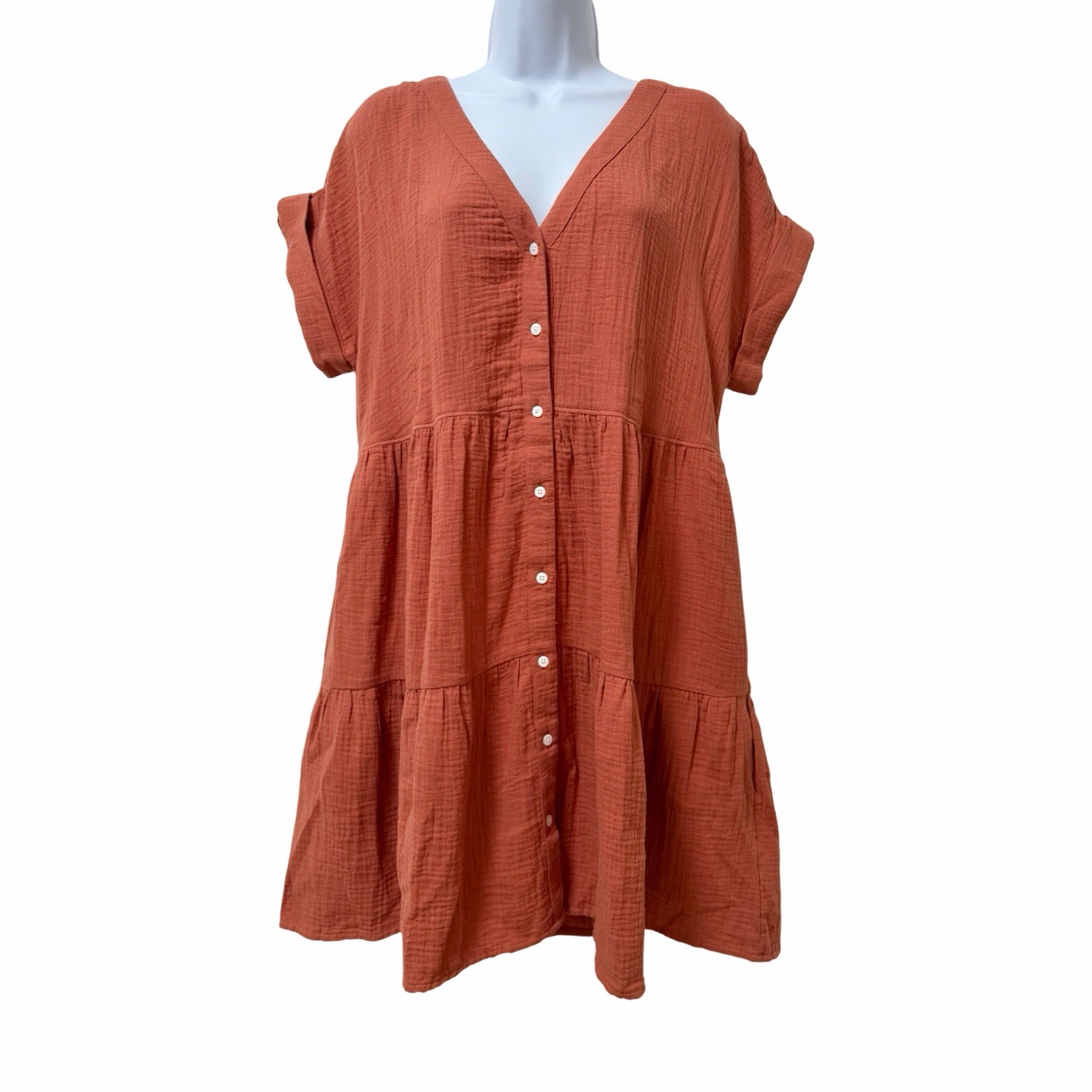 Madewell Lightspun Cuff Sleeve Button Up Tiered Mini Dress Size M Orange Summer