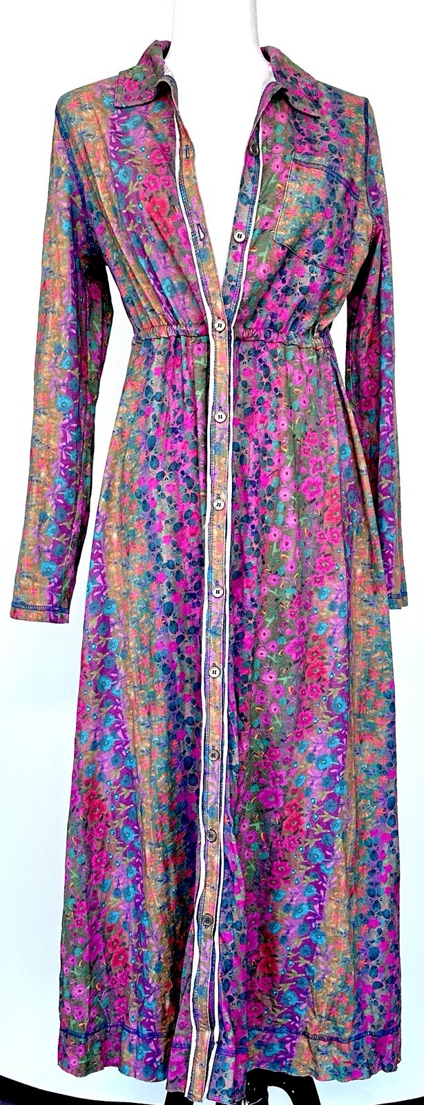 Button Down Brushed Cotton Knit Floral Dress LS NWT Raw Seam