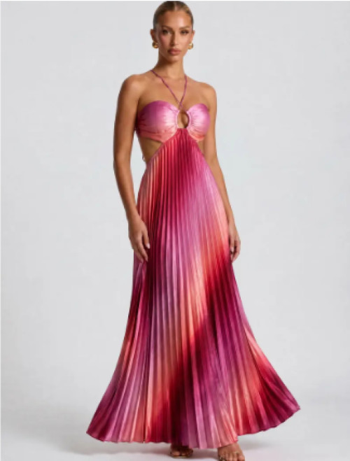 Halter Cutout Ombre Pleated Maxi Satin Dress – Vacation Gown Like My Choice 2026