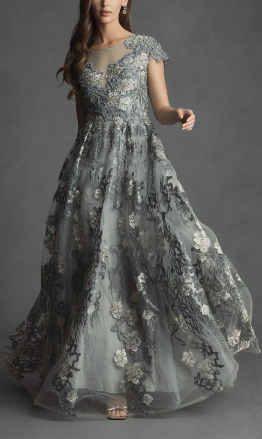 Mac Duggal 20294 Sz 12 Sea Mist Floral Embroidered Beaded A-line Gown $798