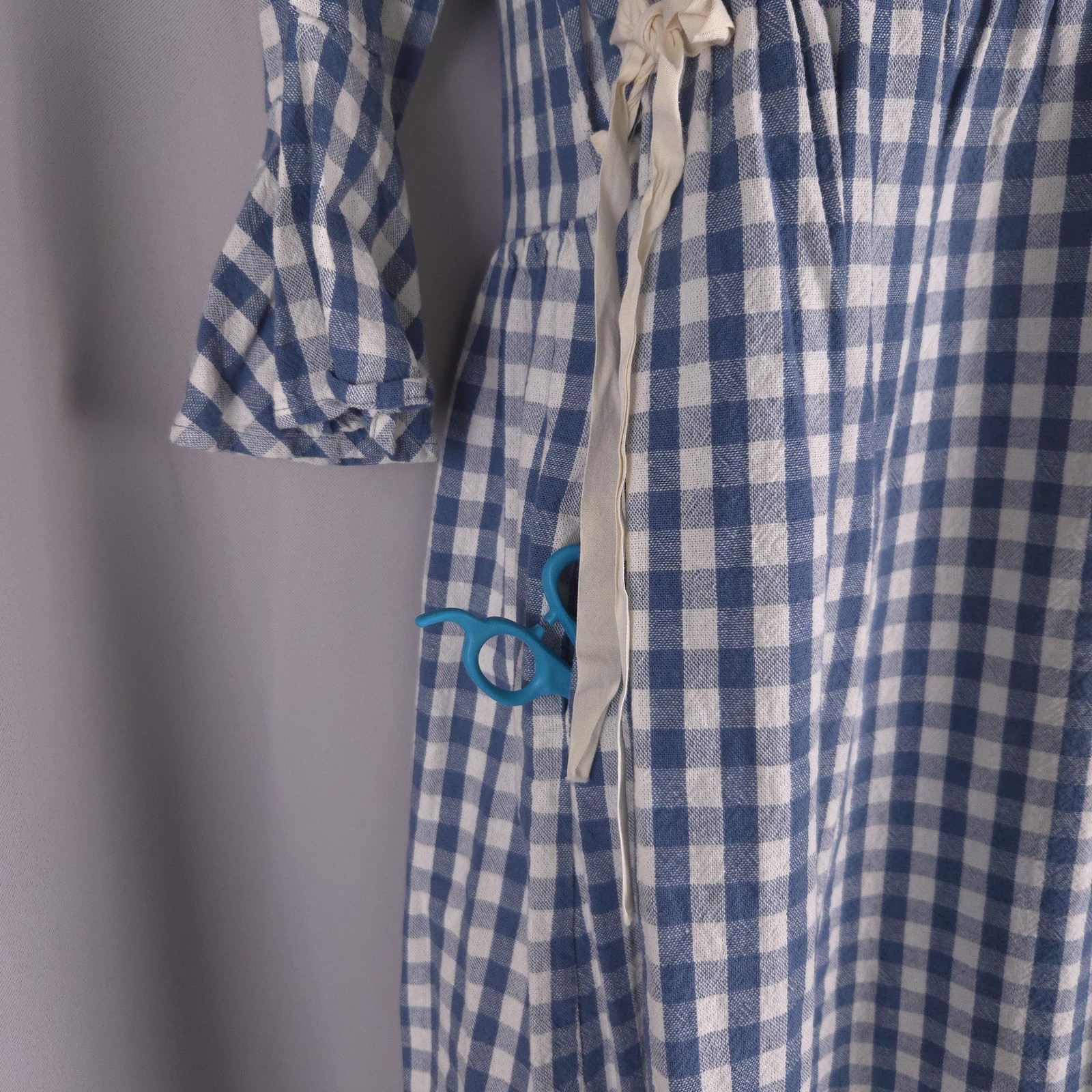 Blue Gingham Check Fit Flare Midi Dress Womens S Ruffle Bell Sleeve Cottagecore