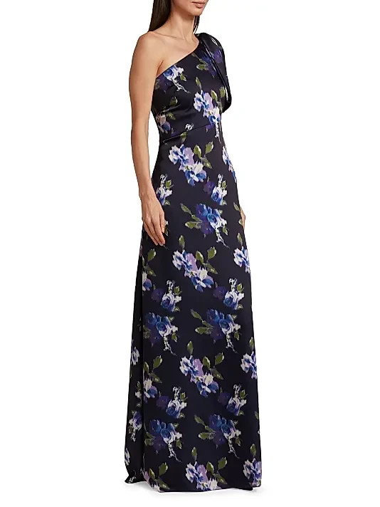 Sachin & Babi Midnight Corsage Chelsea Bow One-Shoulder Gown Dress Size 8 $325