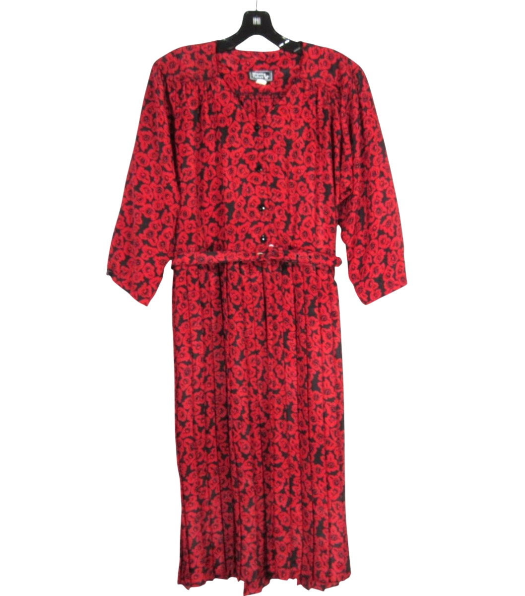 VTG WINNING TICKET Black w/RED ROSES Satin 1/4-BUTTON Belt BLOUSON DRESS Sz 14