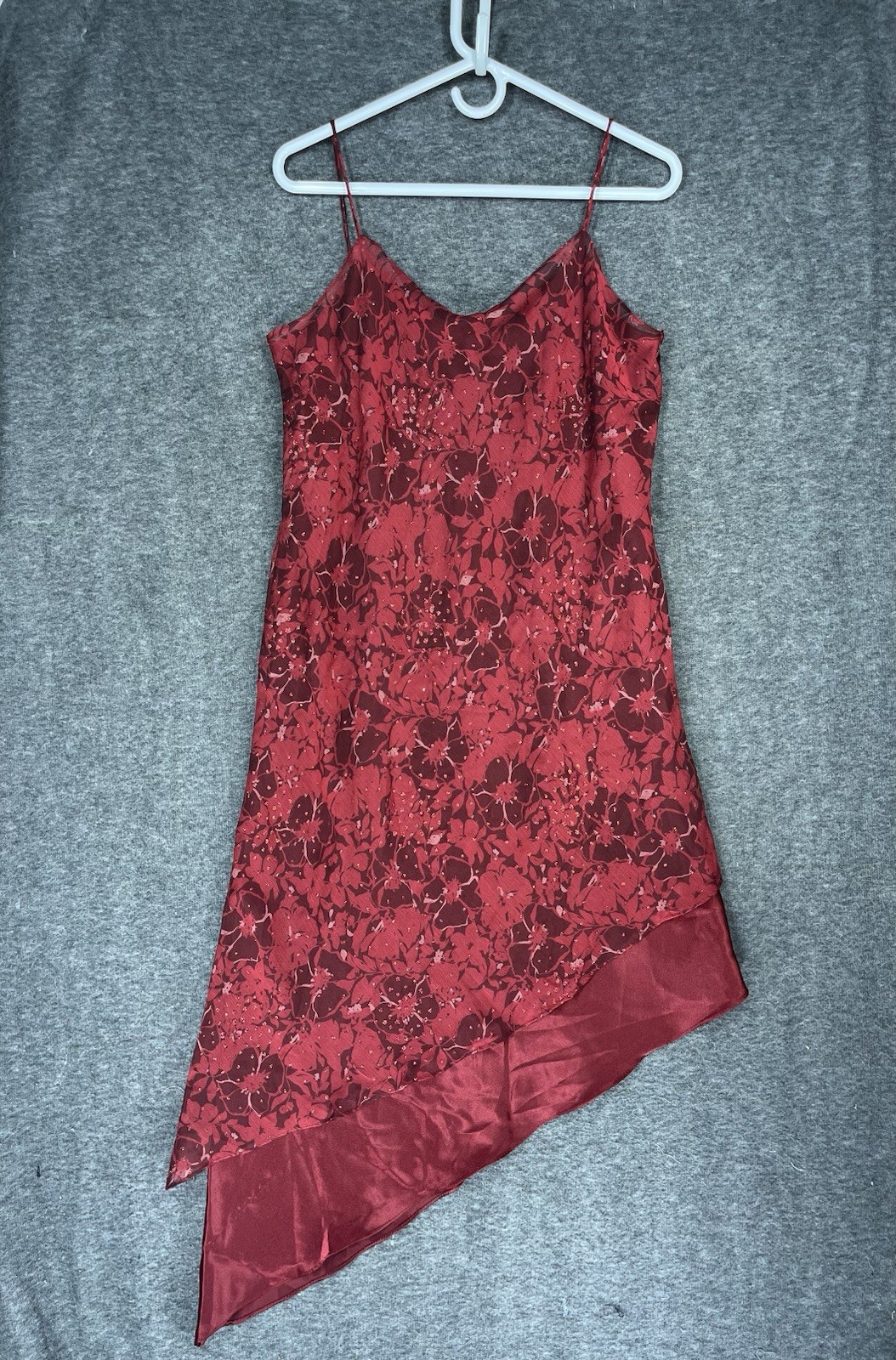Vintage Positive Attitude Midi Dress Size 12 Red Floral Asymmetrical Sheer Lined