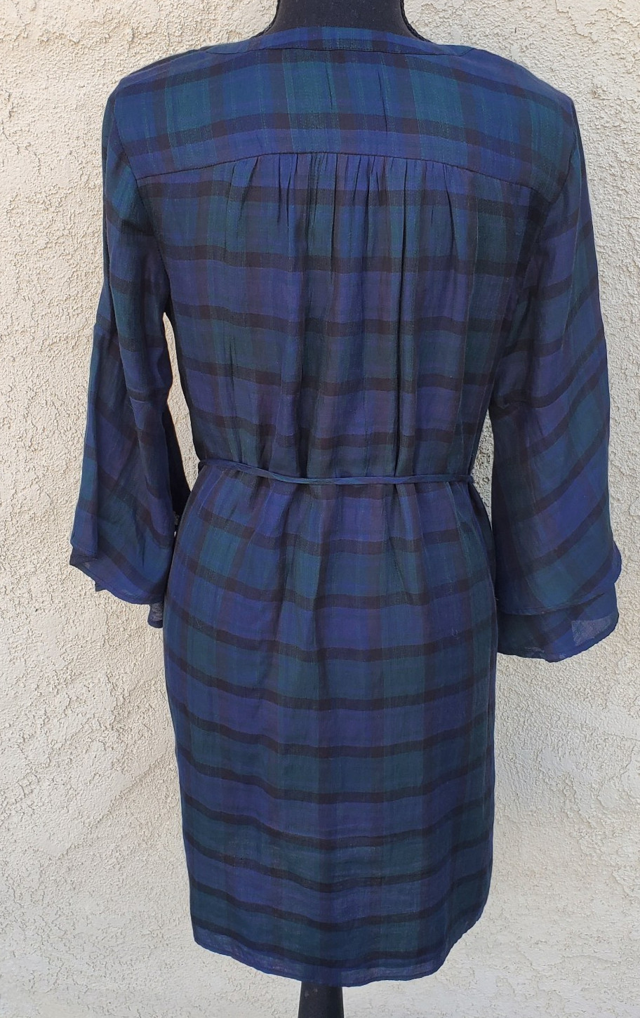 LOFT Plaid 3/4 Ruffle Sleeve Button Tie Front Rayon Shirt Dress Women’s Sz S