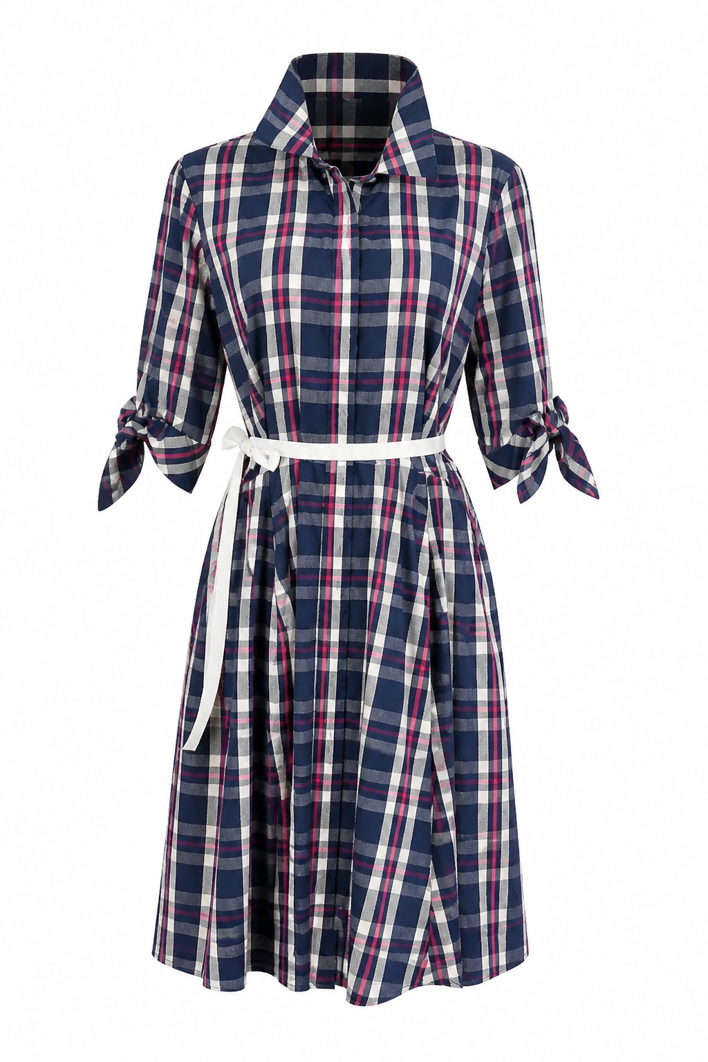 Calvin Klein Plaid Belted Midi Shirt Work Office Dress Tie Sleeve Navy Large 12