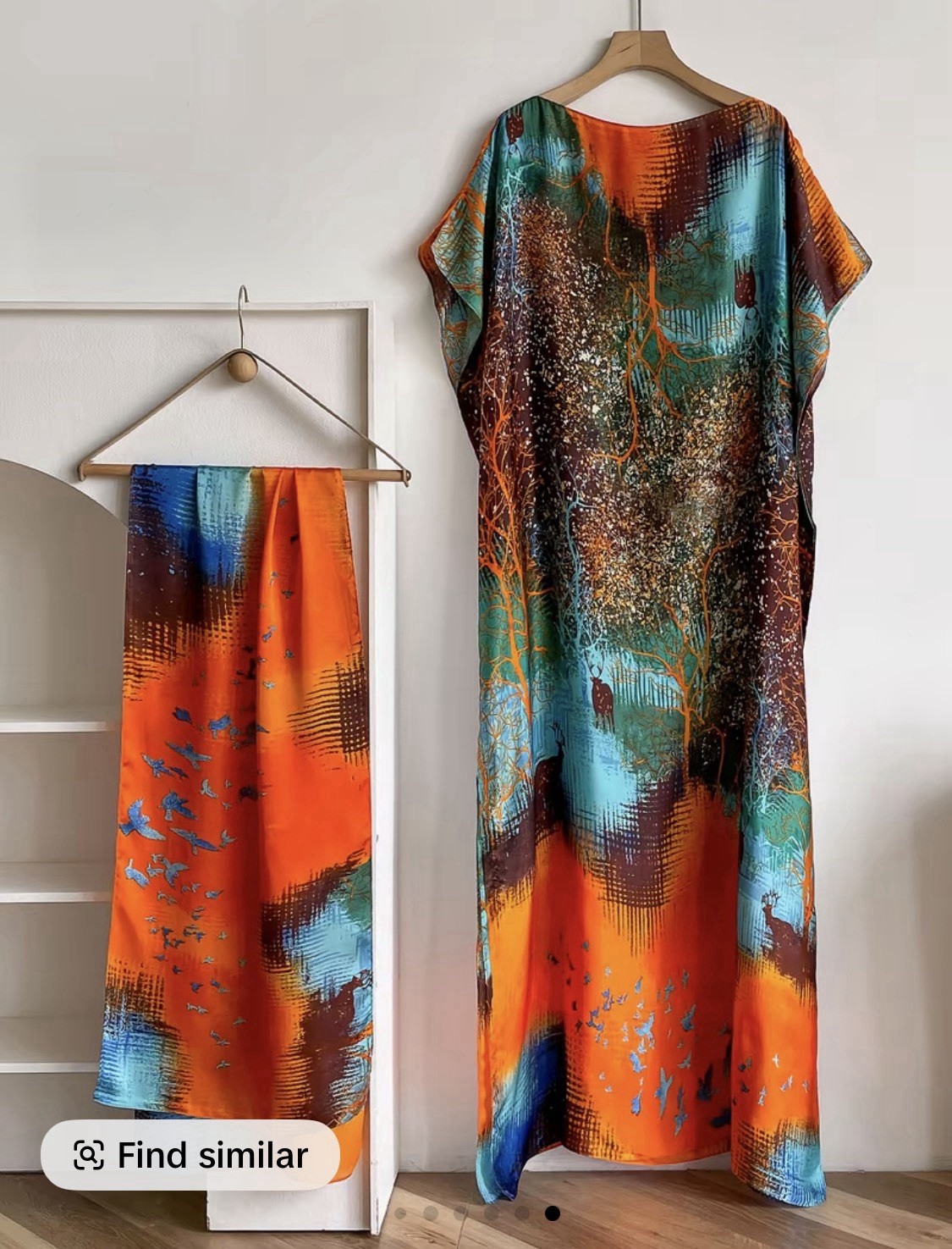 Long silky satin slip Kaftan Dress Geometric with scarf Boat Neck One Size