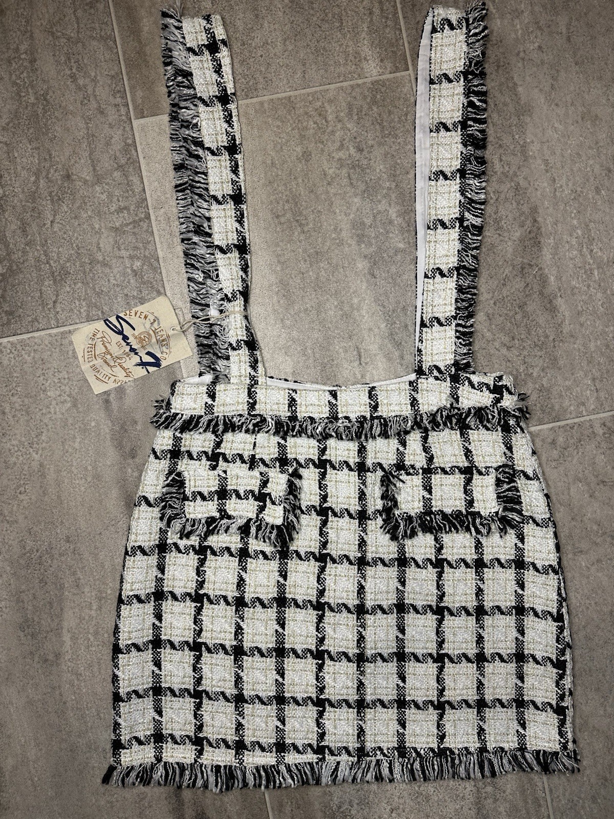 Seven7 Tweed Suspender Mini Skirt NWT Women’s Large Black White Plaid Fringe Y2K