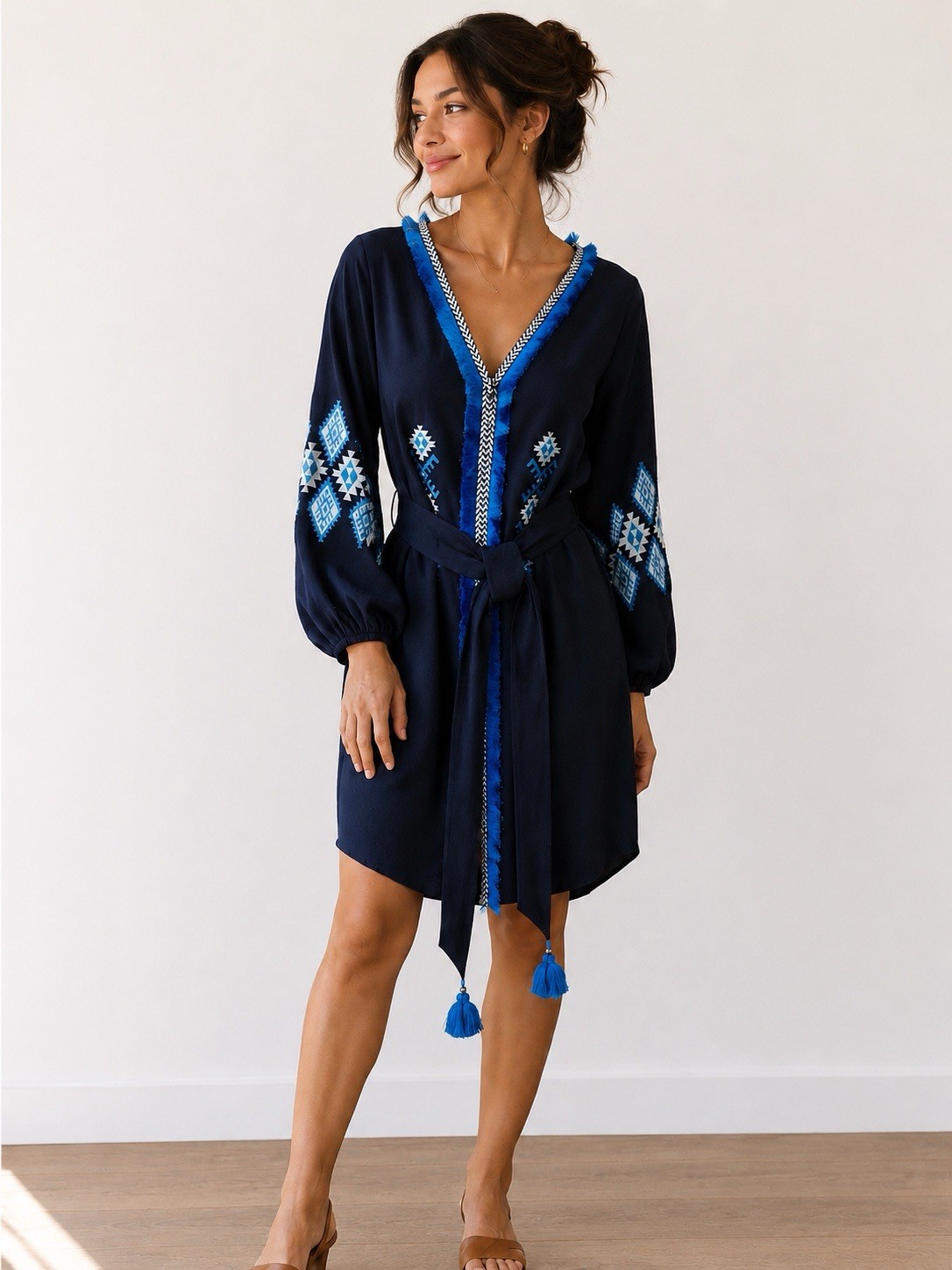 Figue Embroidered Boho Mini Dress, Navy Blue Tassel Belt, Tunic NWT MSRP $450.00