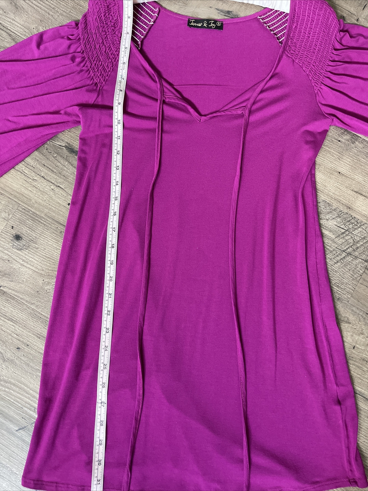 Small Peasant Dress 3/4 Bell Sleeve Empire Waist Gathered Scoop Tie Fuchsia Pink
