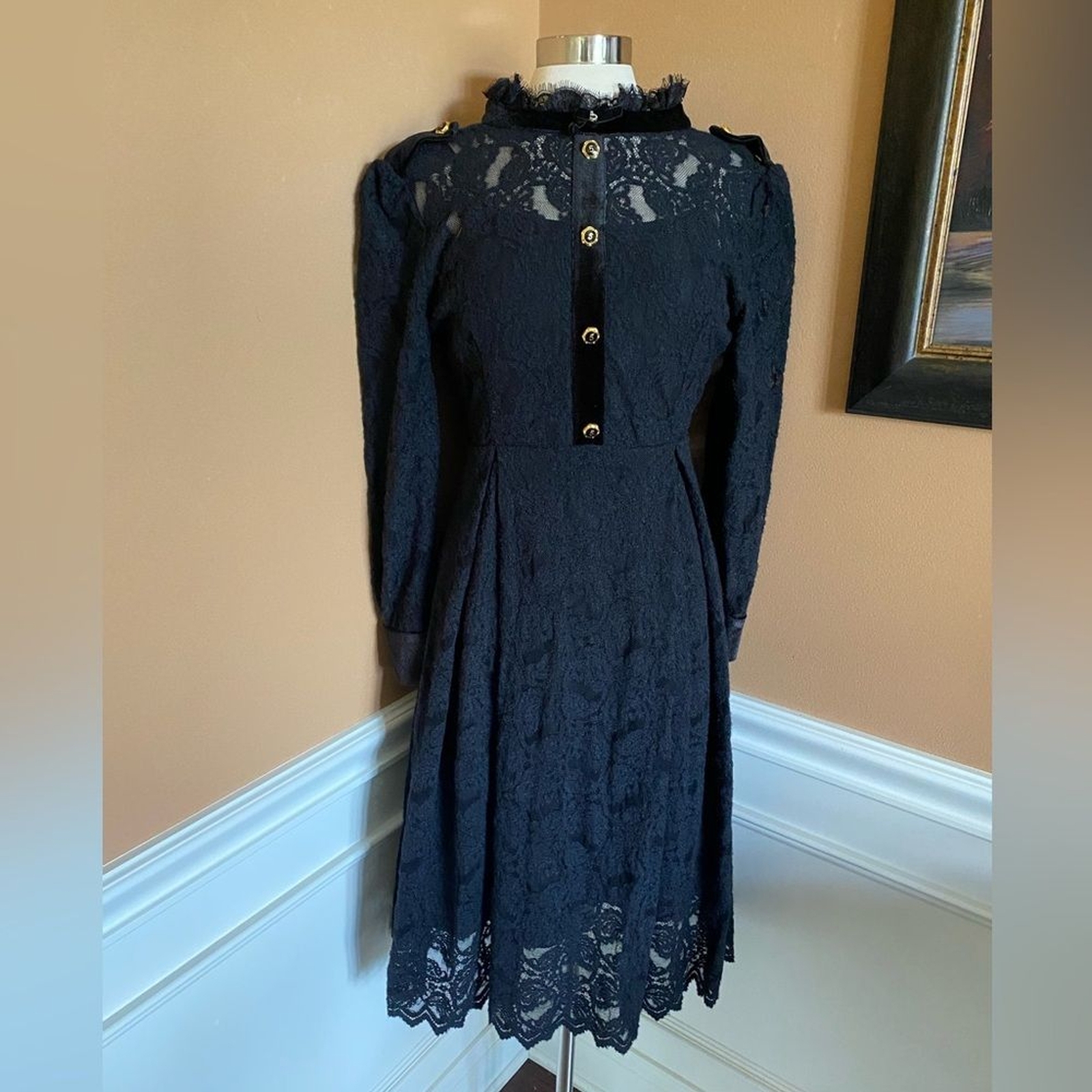 Wednesday Addams Goth Lace Dress Black Gold Buttons Reworked Upcycled Women’s 6