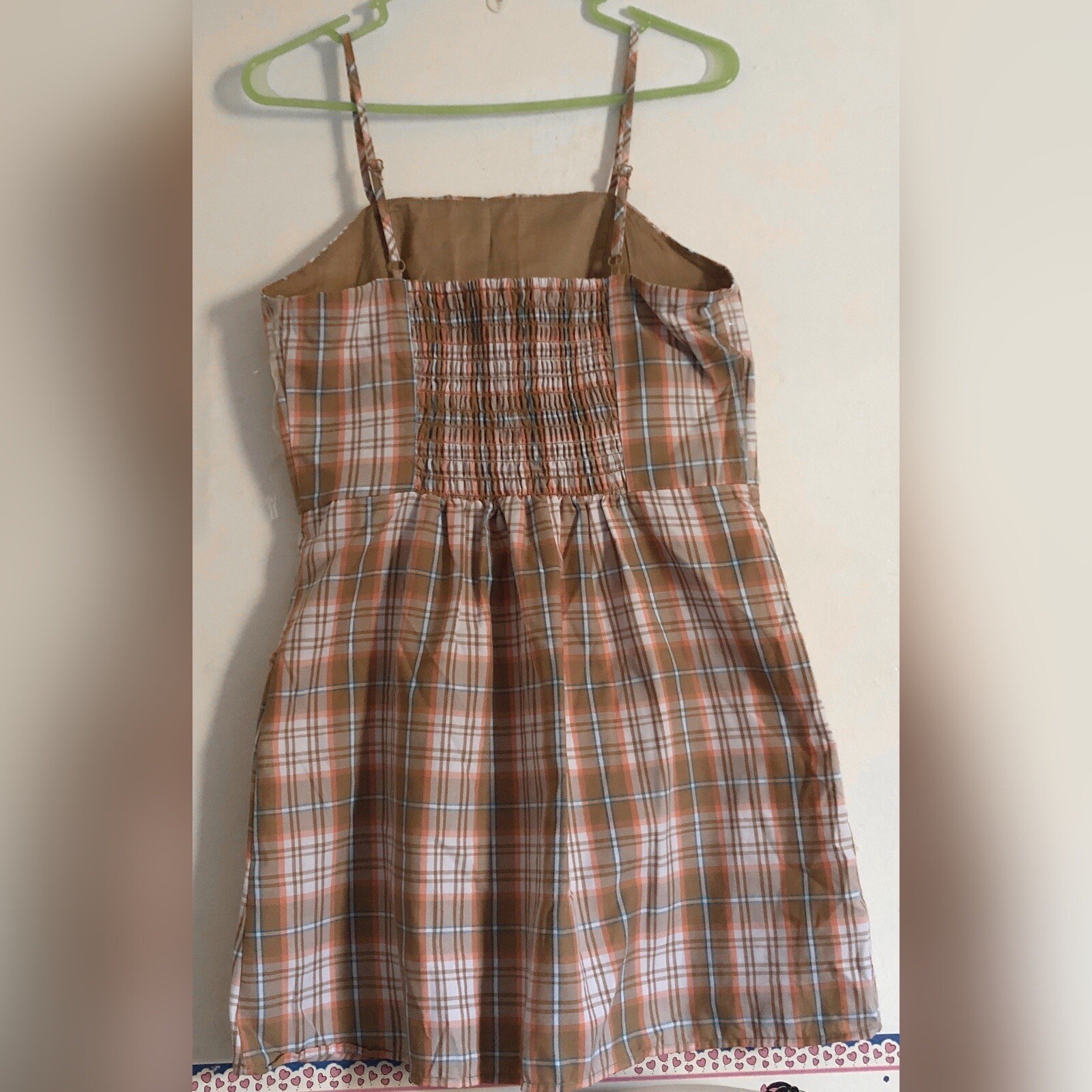 No Boundaries Tan White Orange Blue Plaid Mini Sleeveless Pinafore Dress Size M