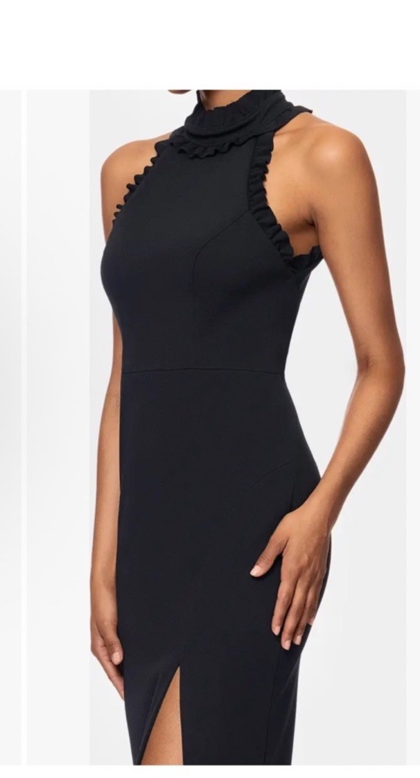 Xscape Ruffle Trim Mock Neck Evening Gown Black Dress Slit Front Sz 8Petite NWT