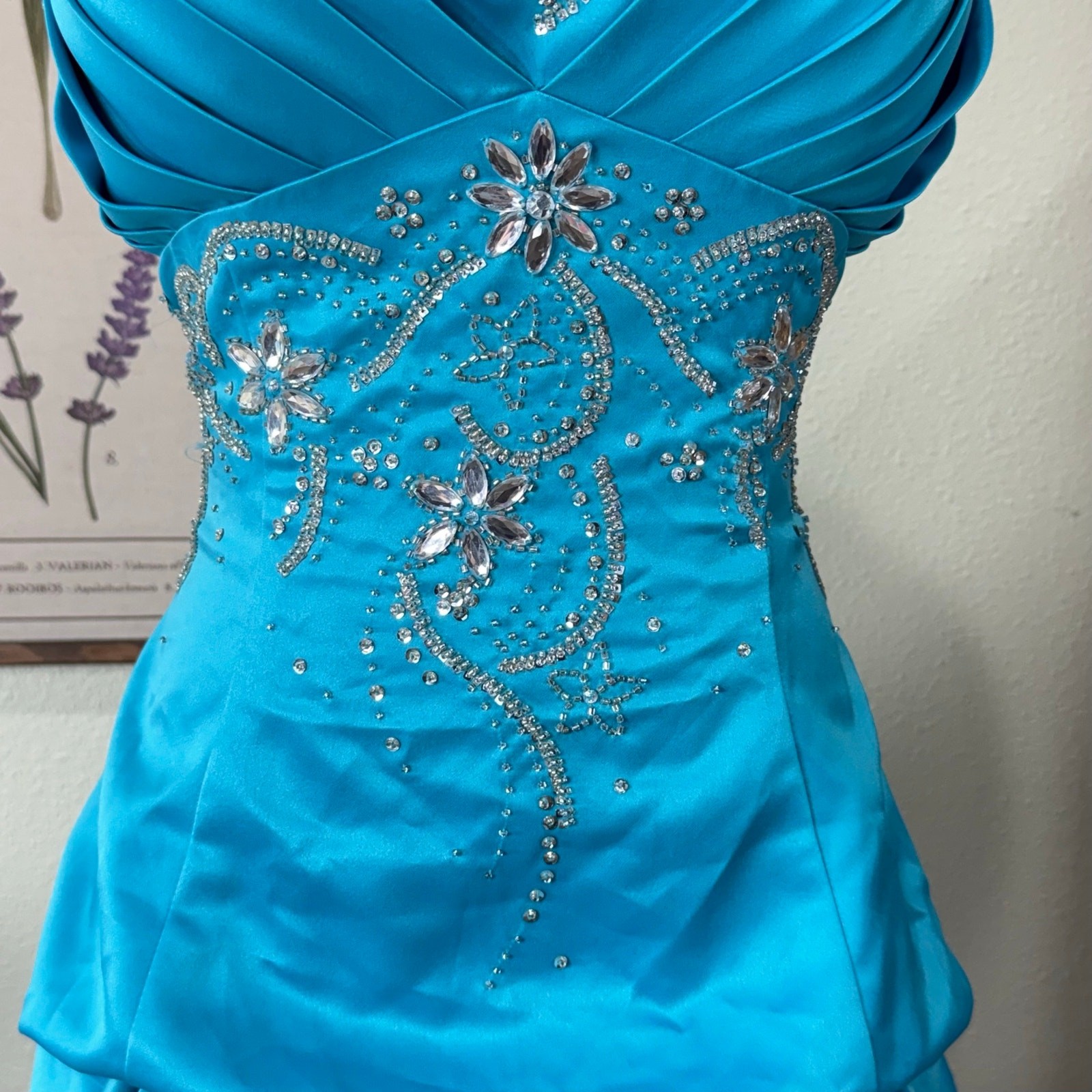 90s Y2k Satin Beaded Sequin Floral Ruched Formal Prom Dress Fairy Whimsy Glam XS