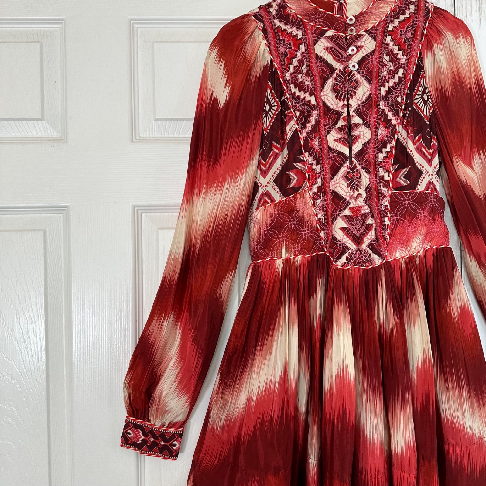 Farm Rio Ikat Boho Quilted Embroidery Puff Sleeve Mini Dress Size S Festival 70s