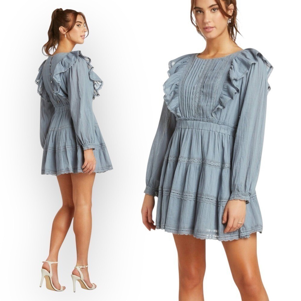 NWT JUST ME Western Boho Steel Blue Ruffle Apron Mini Dress , Medium
