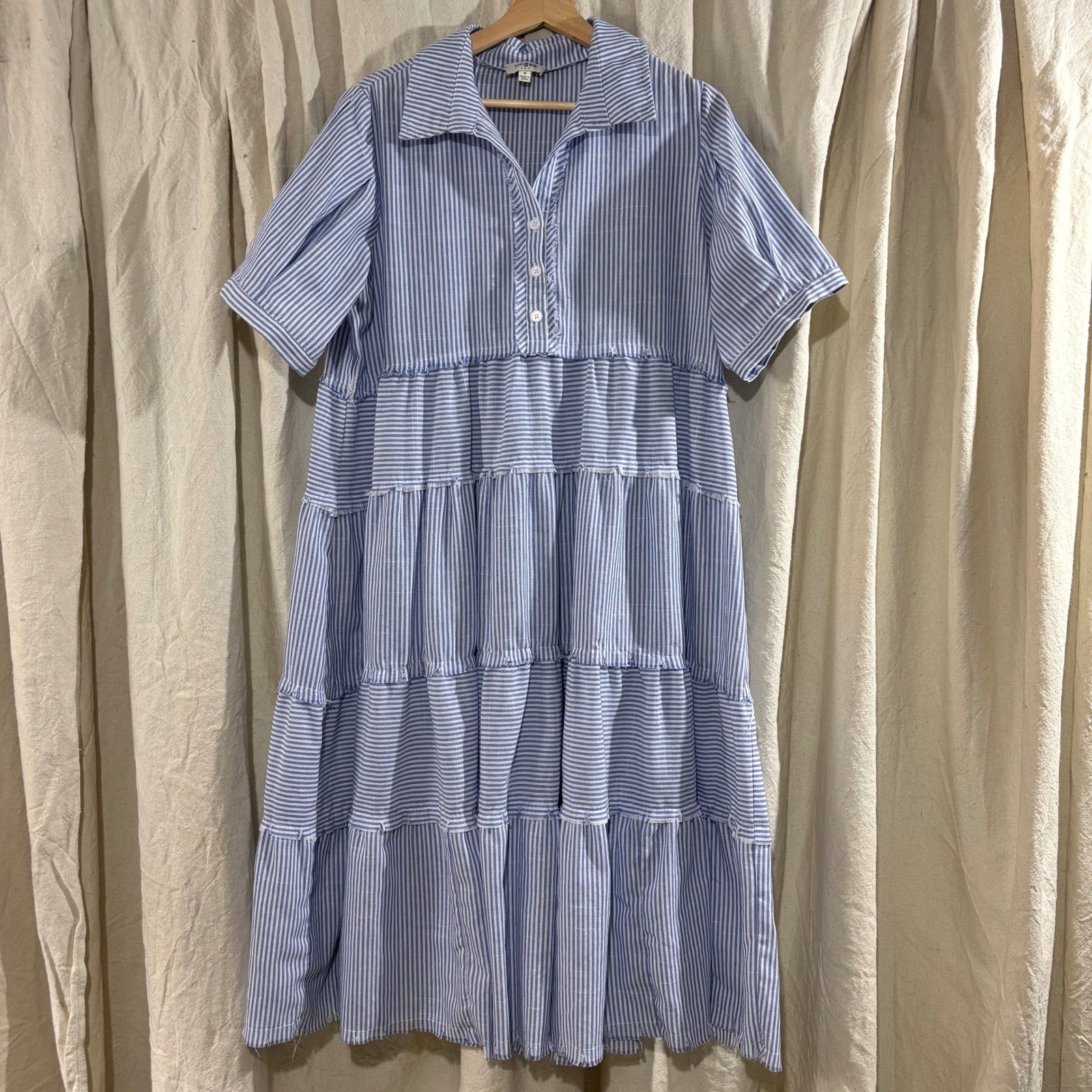 Umgee Blue White Striped Tiered Midi Dress Boho Coastal Cottagecore Medium