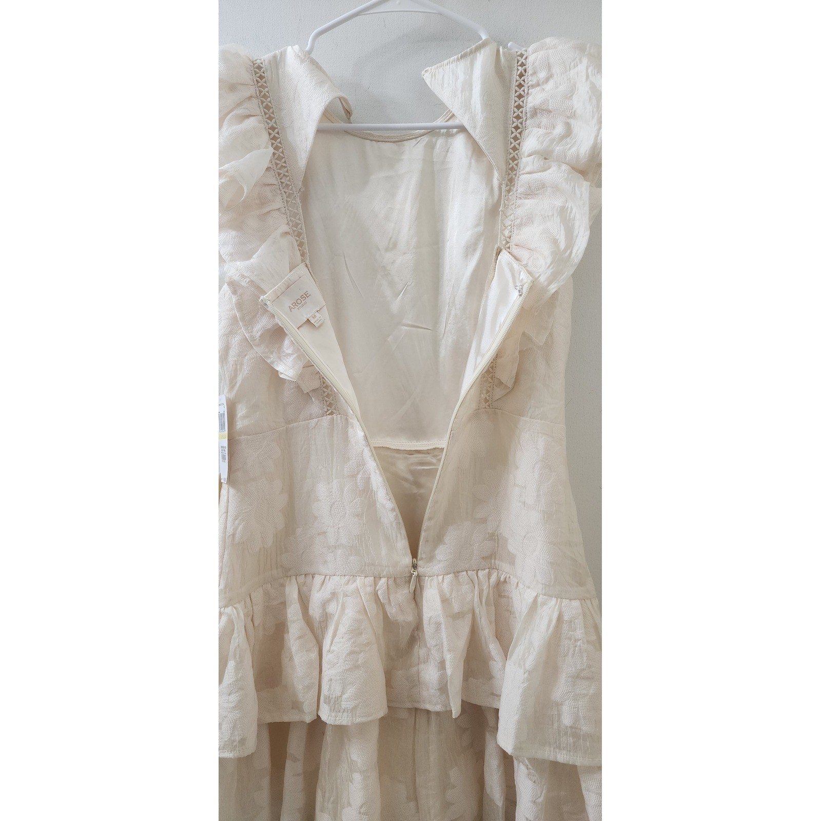 Arose Studio Cream Floral Jacquard Ruffle Mini Dress Medium NWT Ladder Lace Trim