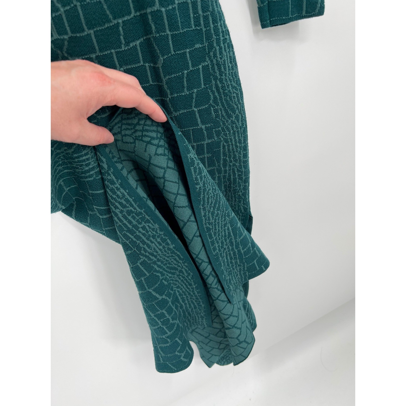 STAUD Teal Green Croc Embossed Jacquard Mock Neck Midi Sweater Dress XS