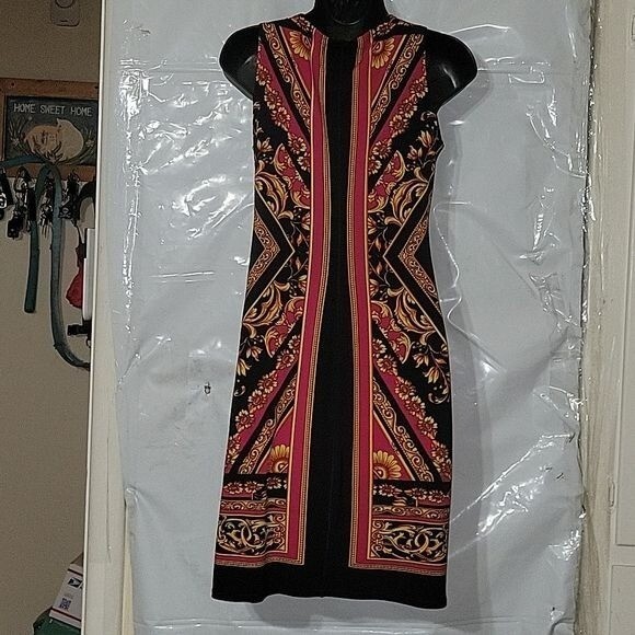 EVO VARRO Sleeveless Dress Sheath Black Gold Red Print Career Party Cocktail S