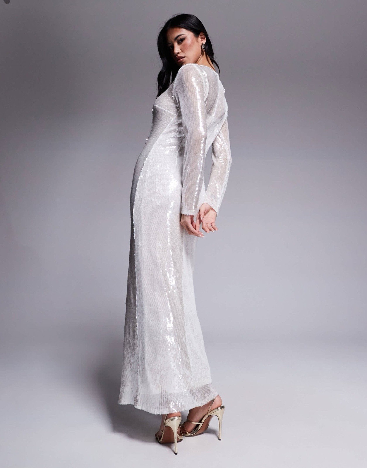 Rare London White Sequin Round Neck Long Sleeve Maxi Dress With Cami 8 RRP £95